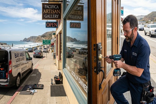 Commercial locksmith installing access control at Pacifica business