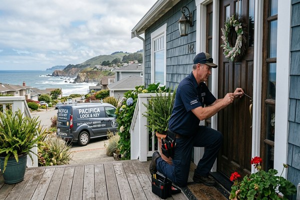 Residential locksmith rekeying deadbolt at Pacifica home